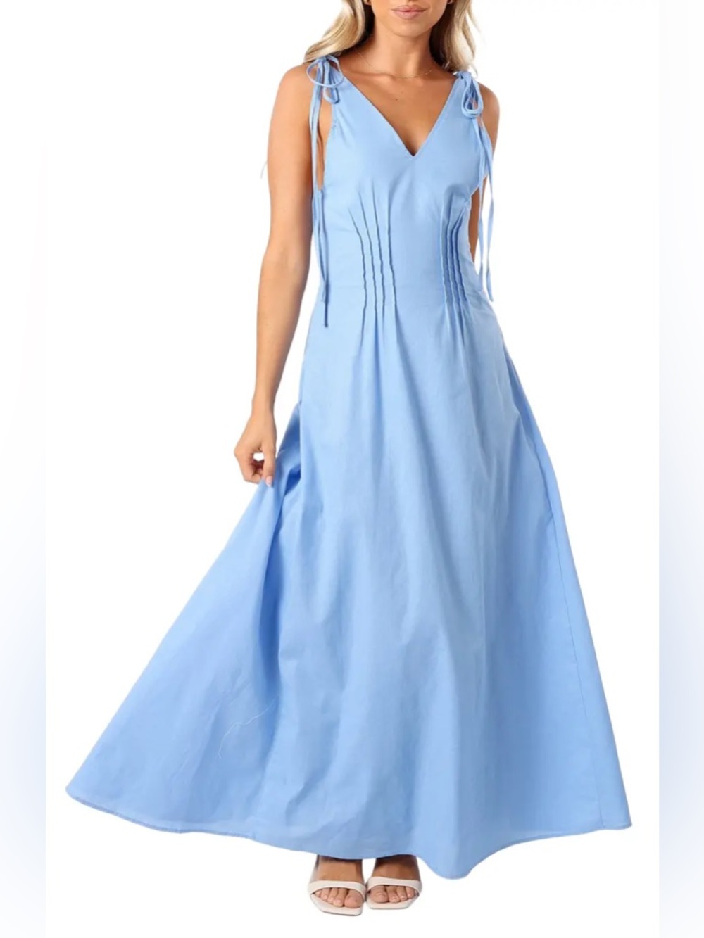 Petal & Pup Lainey Tie Strap Cotton & Linen Maxi Dress Size Small Blue New